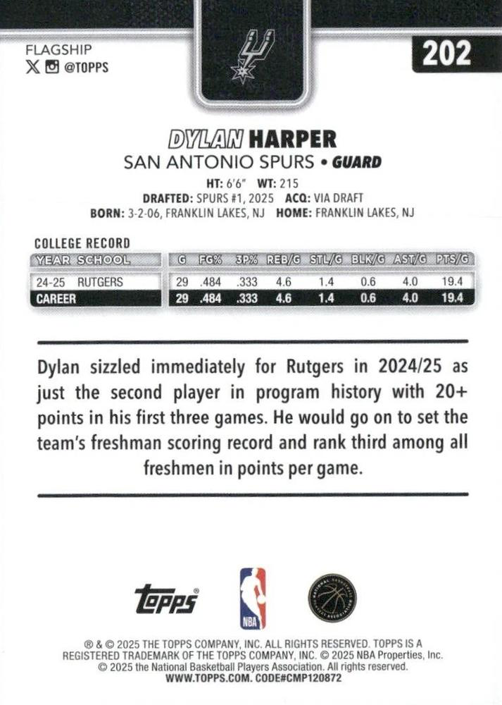2025 Topps NBA Dylan Harper RC #202 San Antonio Spurs