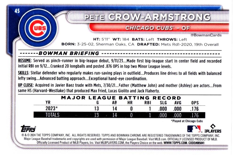 2024 Topps Bowman Chrome Pete Crow-Armstrong RC Chicago Cubs #45
