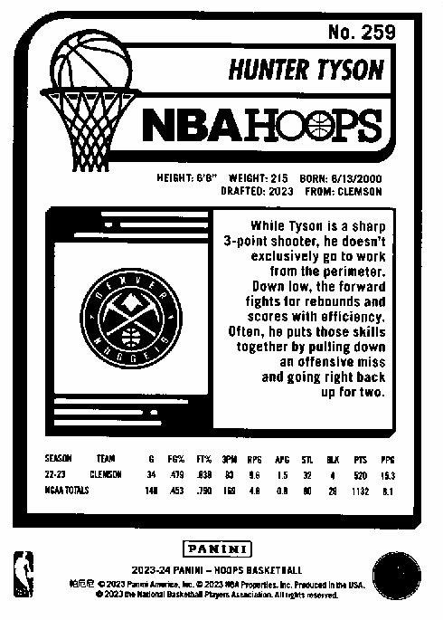 2023 Panini Hoops Hunter Tyson RC #259 Denver Nuggets