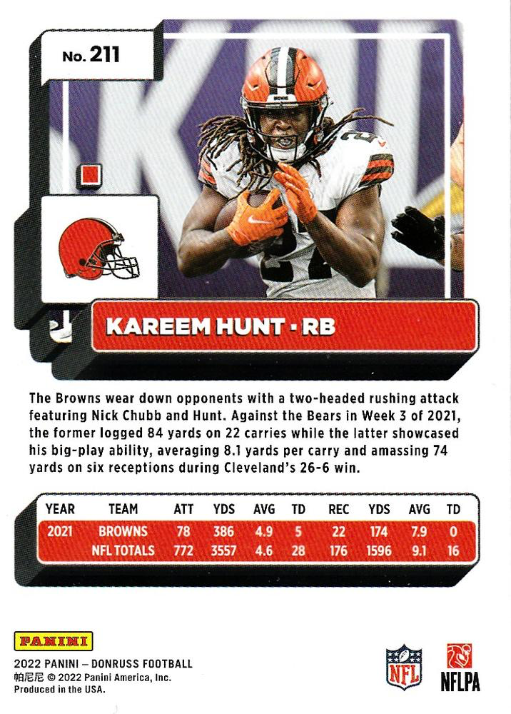 2022 Panini Donruss Kareem Hunt #211 Cleveland Browns