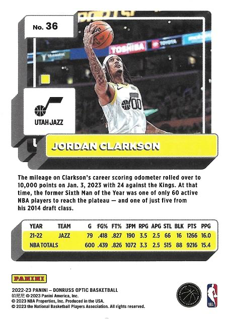 2022 Panini Donruss Optic Jordan Clarkson #36 Utah Jazz