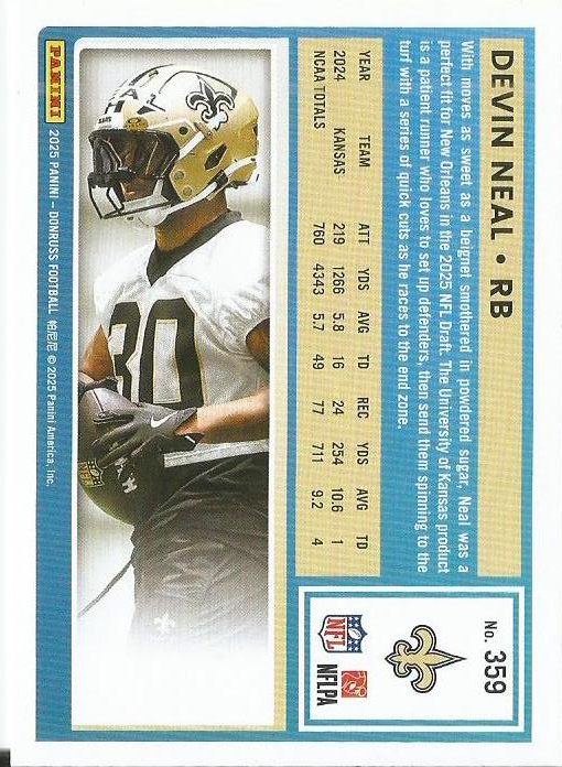 2025 Panini Donruss Devin Neal RR RC #359 New Orleans Saints
