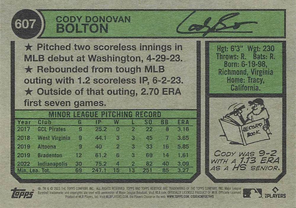2023 Topps Heritage Cody Bolton RC Pittsburgh Pirates #607