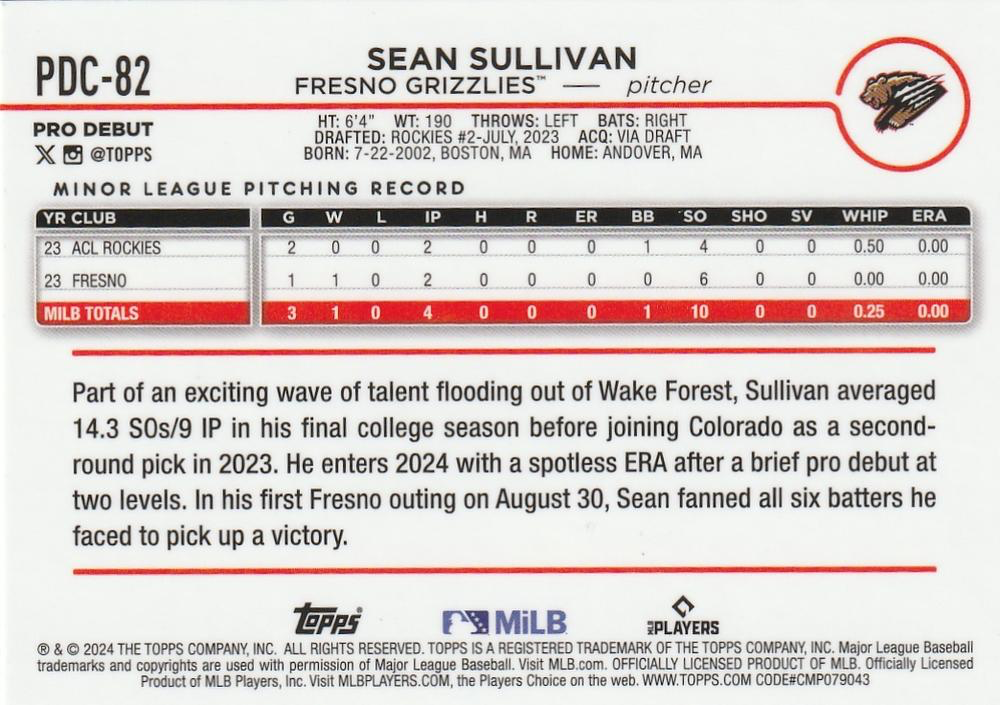 2024 Topps Pro Debut Chrome Refractor Sean Sullivan #PDC-82 Fresno Grizzlies