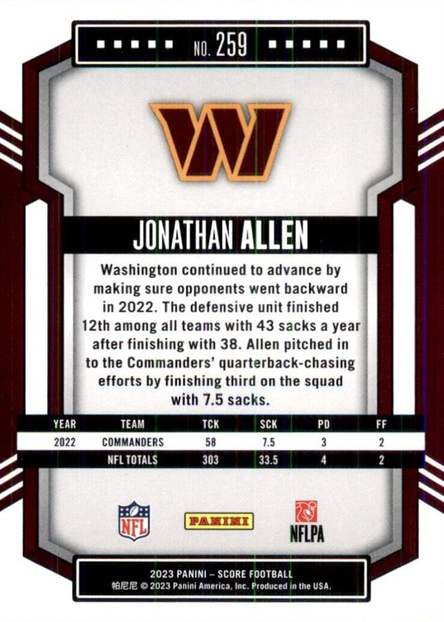 2023 Panini Score Football Jonathan Allen Washington Commanders #259