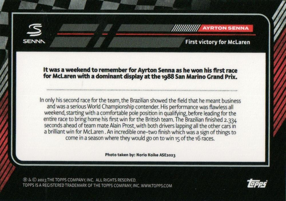 2023 Topps The Story of Senna Ayrton Senna 01.05.1988 First victory for McLaren