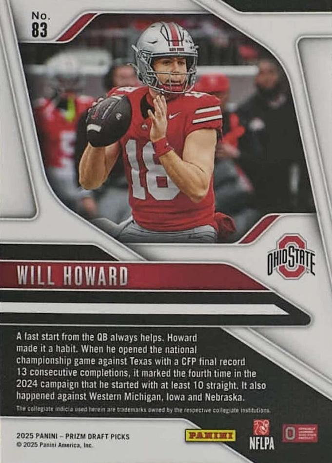 2025 Panini Prizm Draft Picks Will Howard #83 Ohio State Buckeyes