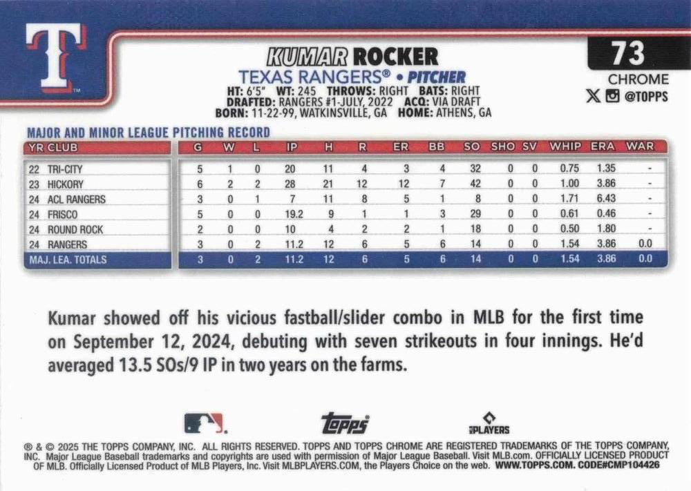 2025 Topps Chrome MLB Kumar Rocker RC #73 Texas Rangers