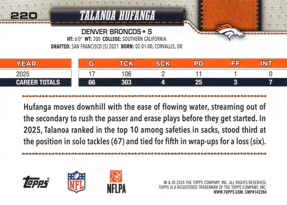 2026 Topps Flagship Talanoa Hufanga #220 Denver Broncos