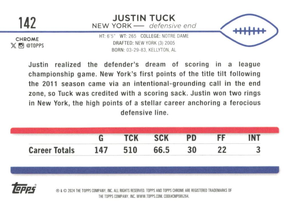 2024 Topps Chrome Football Justin Tuck #142 New York Giants