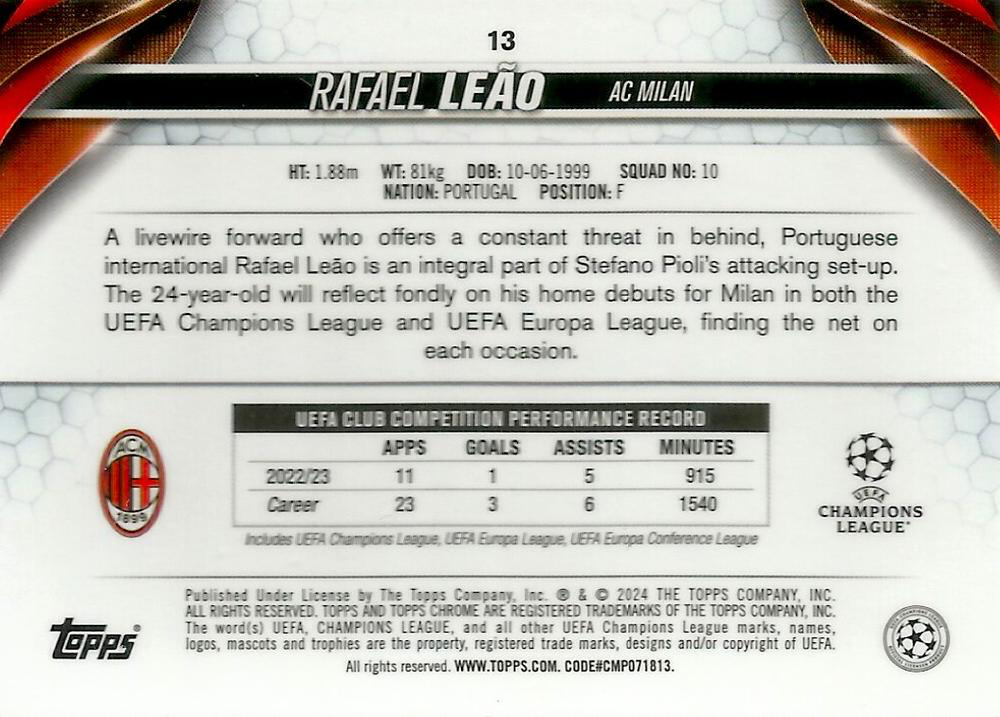 2023 Topps Chrome UEFA Club Competitions Rafael Leão #13 A.C. Milan