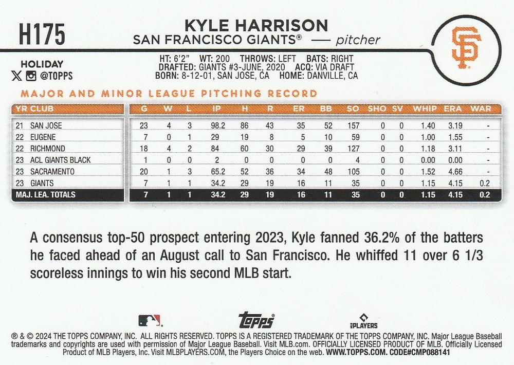 2024 Topps Holiday Kyle Harrison RC San Francisco Giants #H175