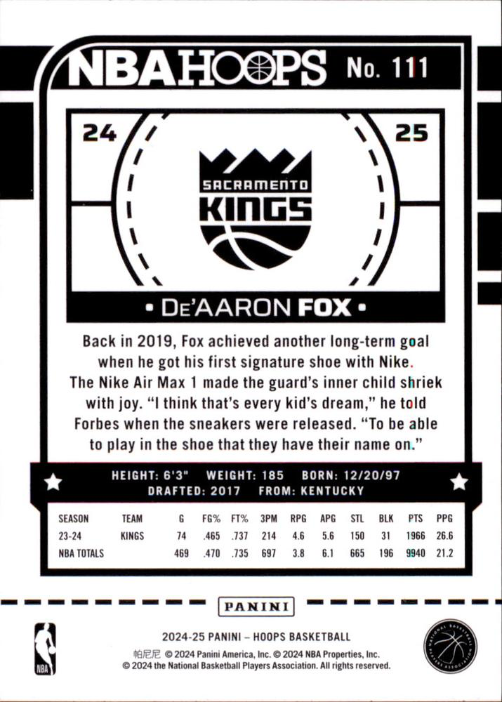 2024 Panini Hoops De'Aaron Fox #111 Sacramento Kings