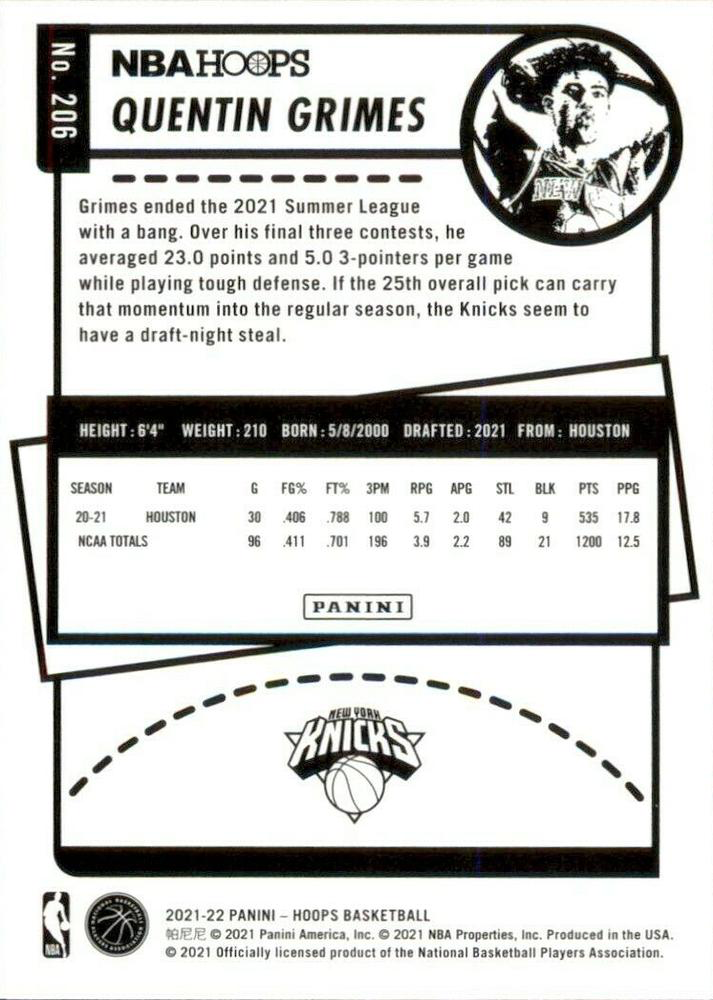 2021 Panini Hoops Quentin Grimes RC #206 New York Knicks