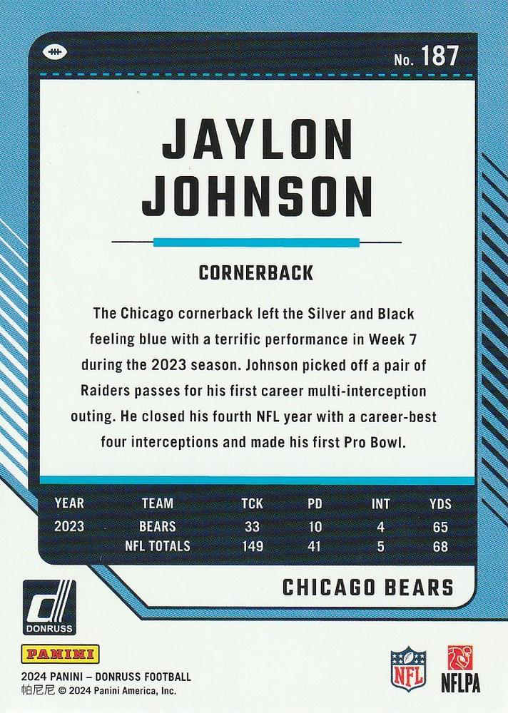 2024 Panini Donruss Jaylon Johnson Chicago Bears #187