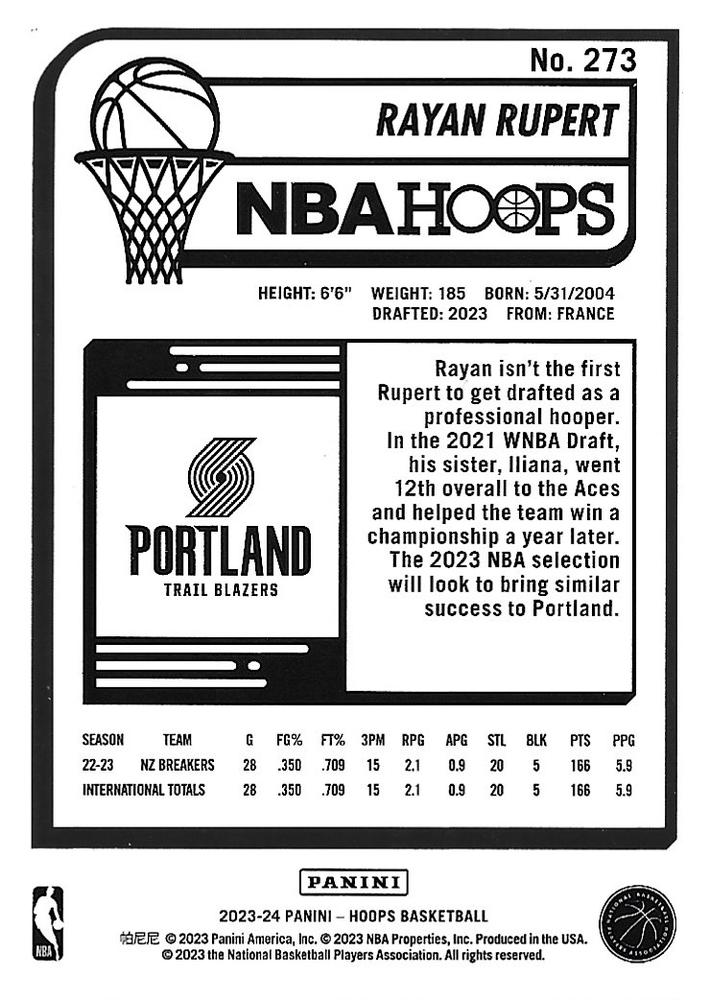 2023 Panini Hoops Rayan Rupert RC #273 Portland Trail Blazers