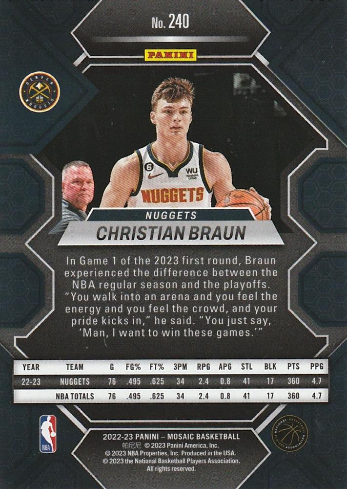 2022 Panini Mosaic Christian Braun RC #240 Denver Nuggets