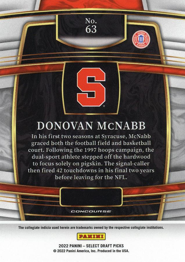 2022 Panini Select Draft Picks Blue Donovan McNabb #63 Syracuse Orangemen