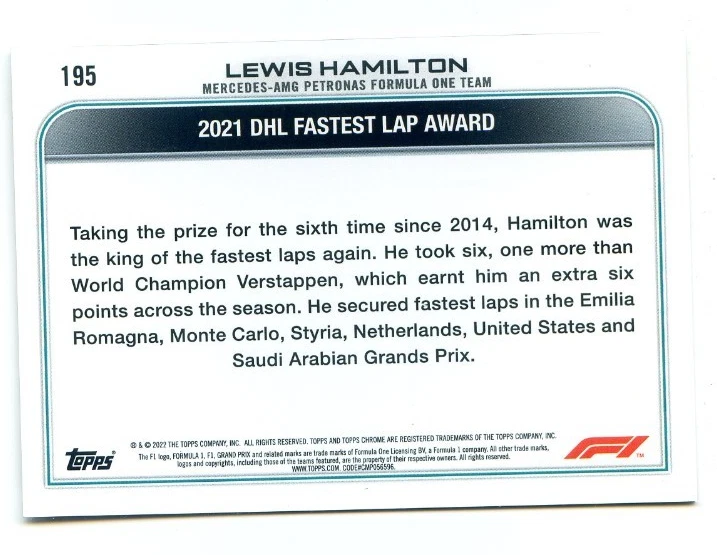 2022 Topps Chrome Formula 1 Black & White RayWave Lewis Hamilton #195 Mercedes-AMG Petronas F1