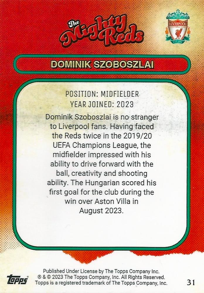 2023 Topps Liverpool Team Set Dominik Szoboszlai MR #31 Liverpool