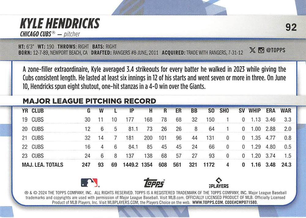 2024 Topps Big League Common Kyle Hendricks Chicago Cubs #92