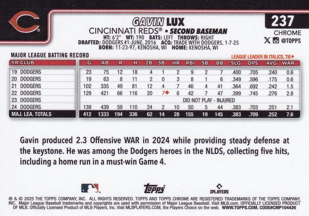 2025 Topps Chrome MLB Gavin Lux #237 Cincinnati Reds