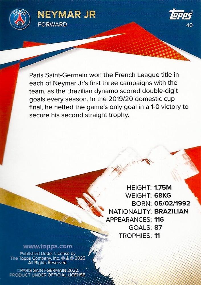 2021 Topps PSG Team Set Neymar Jr #40 Paris Saint-Germain