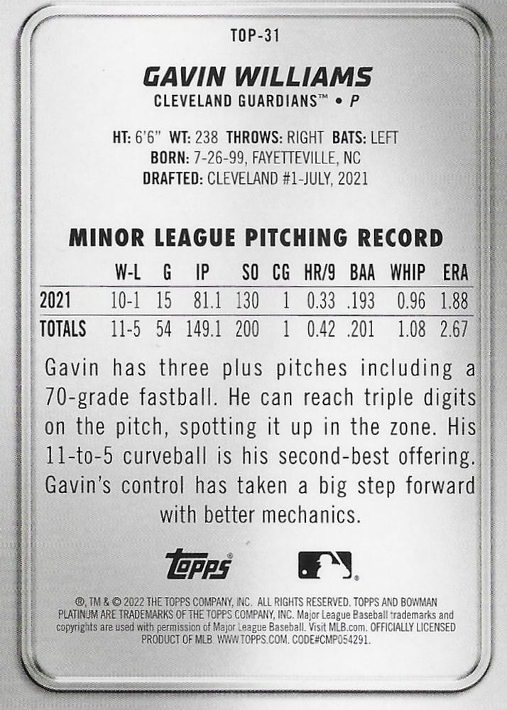 2022 Topps Bowman Platinum Top Prospects Gavin Williams Cleveland Guardians #TOP-31