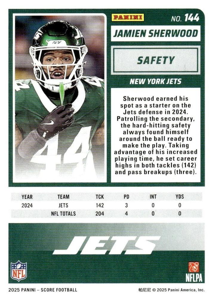 2025 Panini Score Jamien Sherwood #144 New York Jets