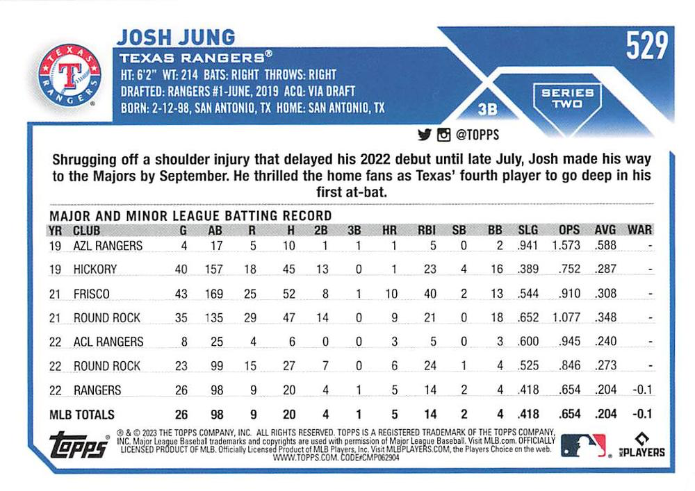 2023 Topps Series 2 Josh Jung RC Texas Rangers #529