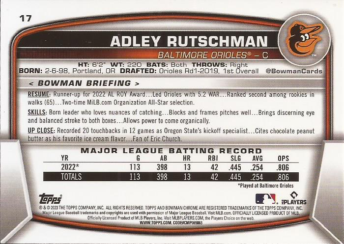 2023 Topps Bowman Chrome Adley Rutschman RC Baltimore Orioles #17