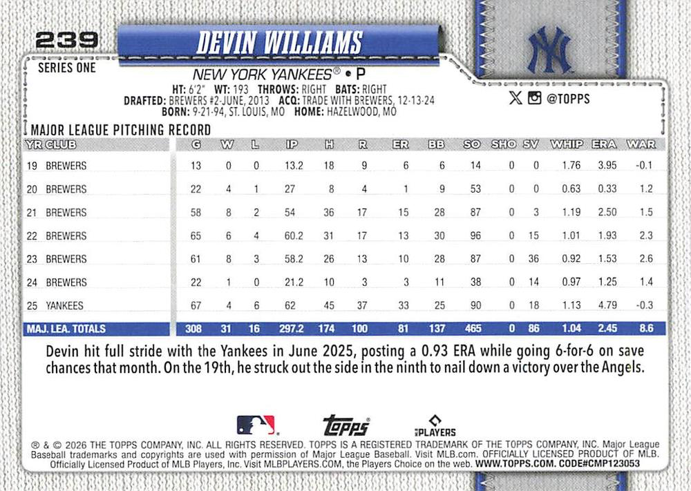 2026 Topps Series 1 Devin Williams #239 New York Yankees
