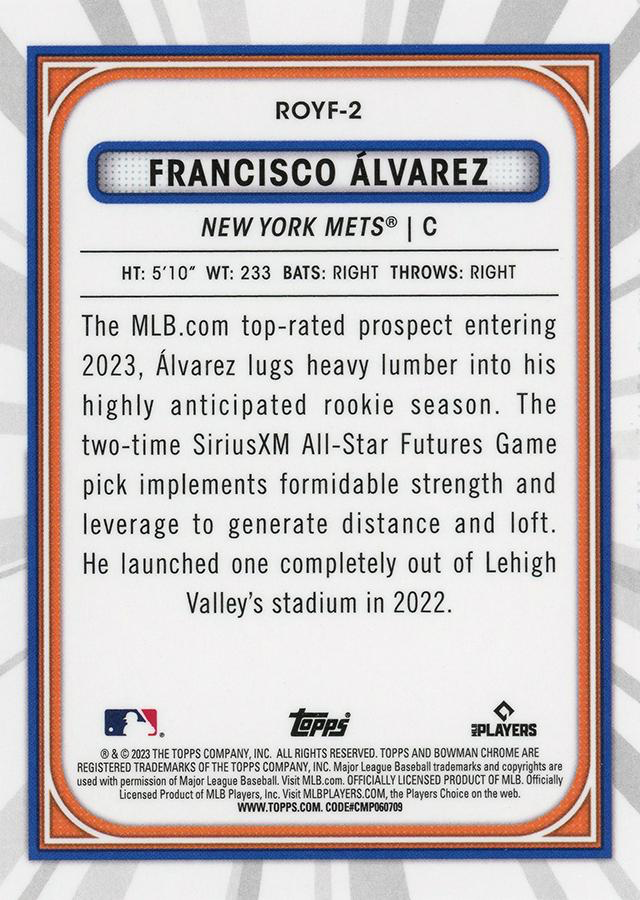 2023 Topps Bowman Chrome Rookie of the Year Favorites Francisco Alvarez New York Mets #ROYF-2