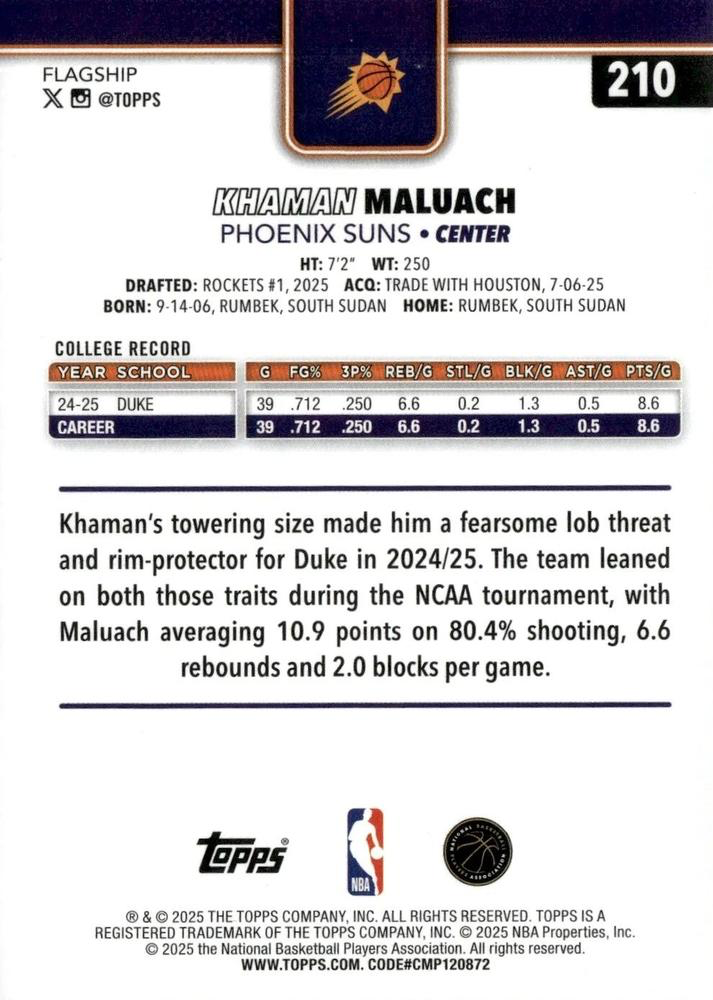 2025 Topps NBA Khaman Maluach RC #210 Phoenix Suns