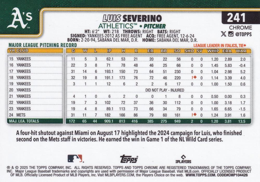 2025 Topps Chrome MLB Luis Severino #241 Athletics