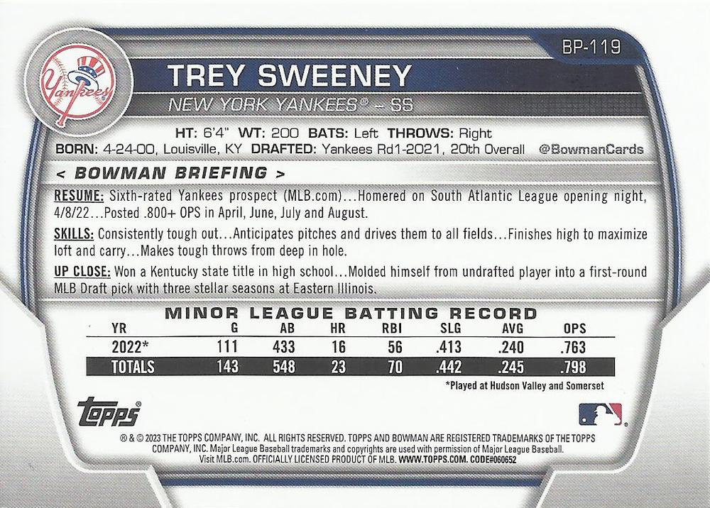 2023 Topps Bowman Paper Prospects Trey Sweeney New York Yankees #BP-119