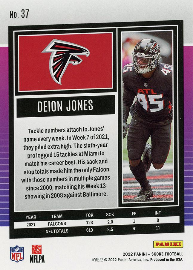 2022 Panini Score Deion Jones Atlanta Falcons #37