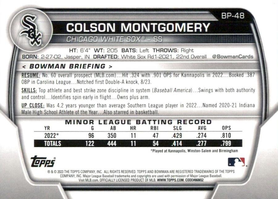 2023 Topps Bowman Paper Prospects Colson Montgomery Chicago White Sox #BP-48