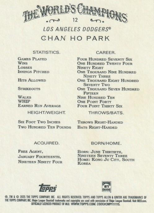 2025 Topps Allen & Ginter Chan Ho Park #12 Los Angeles Dodgers