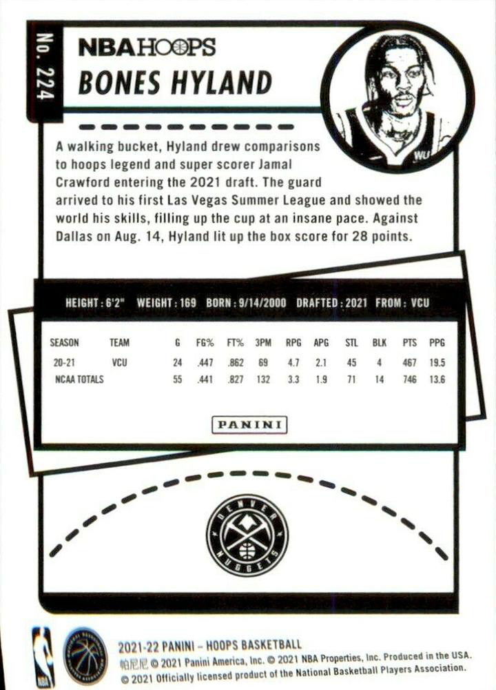 2021 Panini Hoops Bones Hyland RC #224 Denver Nuggets