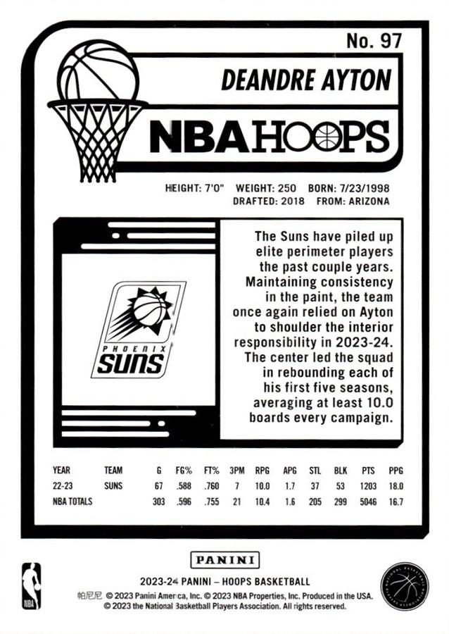 2023 Panini Hoops Deandre Ayton #97 Phoenix Suns
