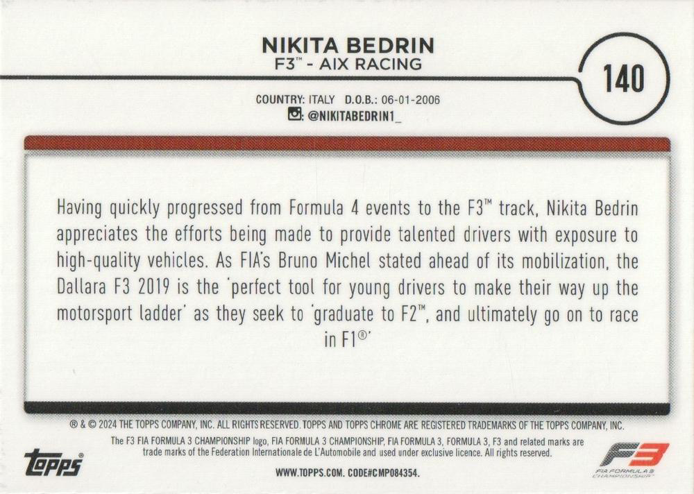 2024 Topps Chrome Formula 1 Nikita Bedrin F3C #140 Aix Racing