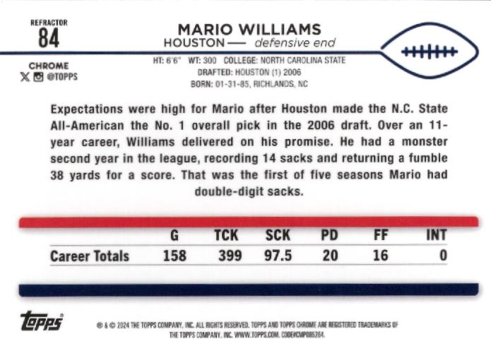 2024 Topps Chrome Football Refractor Mario Williams #84 Houston Texans