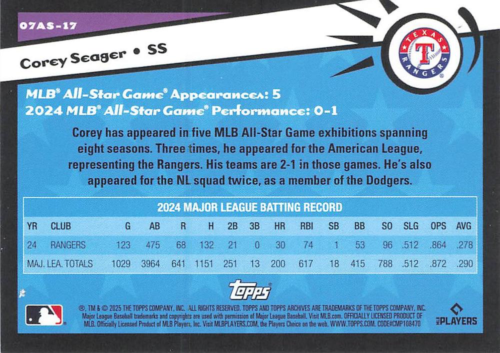 2025 Topps Archives 2007 Topps All-Stars Corey Seager #07AS-17 Texas Rangers