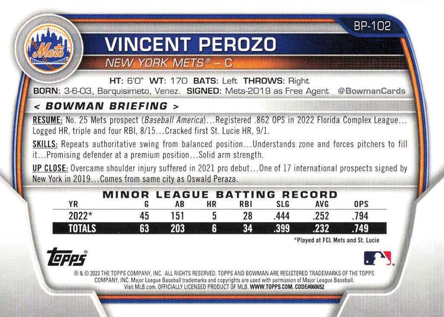 2023 Topps Bowman Paper Prospects Vincent Perozo 1st New York Mets #BP-102
