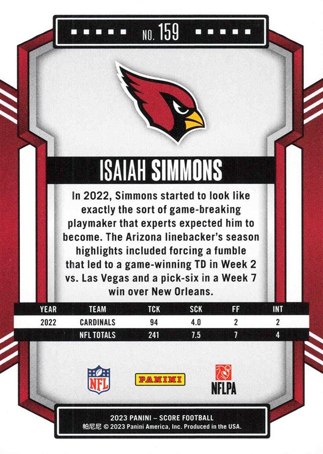 2023 Panini Score Football Isaiah Simmons Arizona Cardinals #159