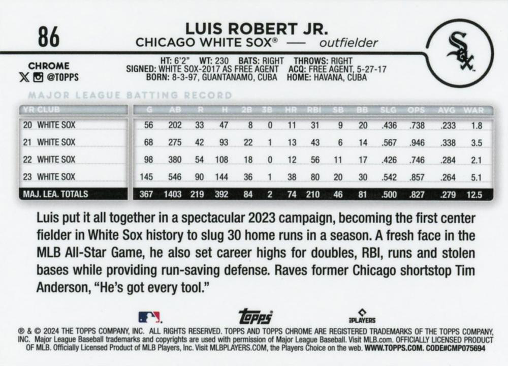 2024 Topps Chrome Luis Robert Jr. Chicago White Sox #86