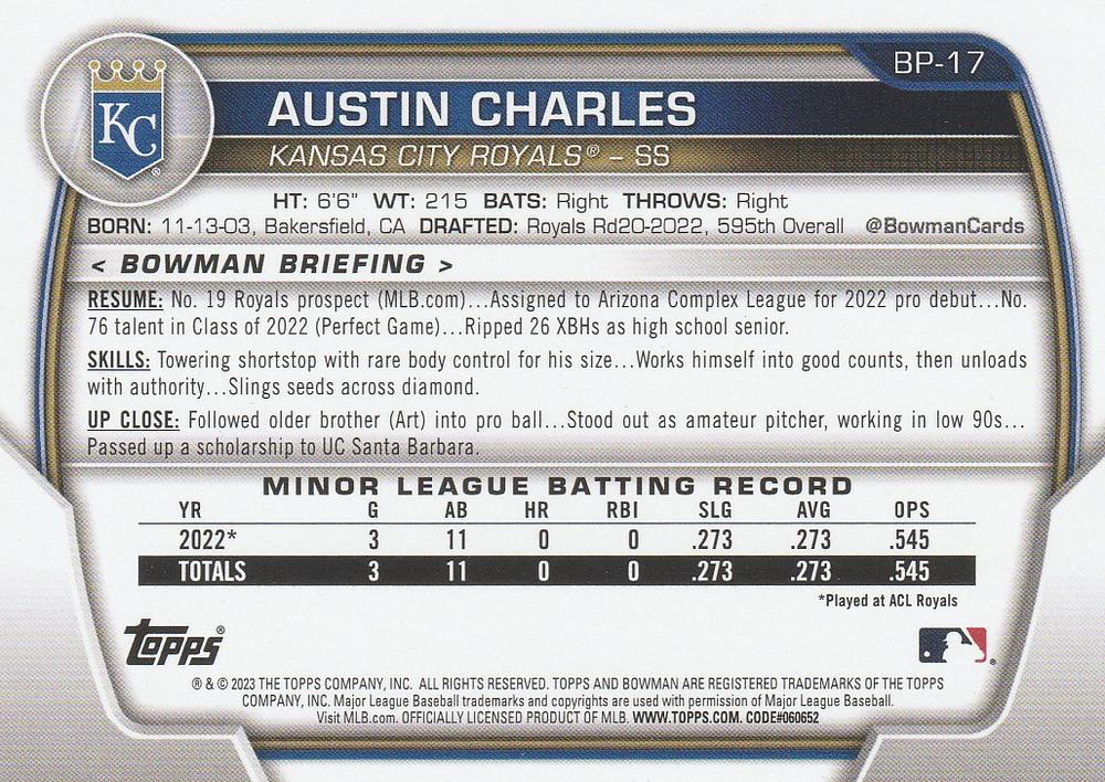 2023 Topps Bowman Paper Prospects Austin Charles 1st Kansas City Royals #BP-17