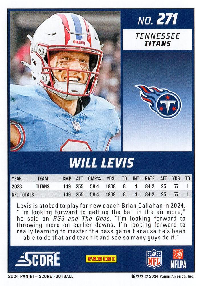 2024 Panini Score Football Will Levis Tennessee Titans #271