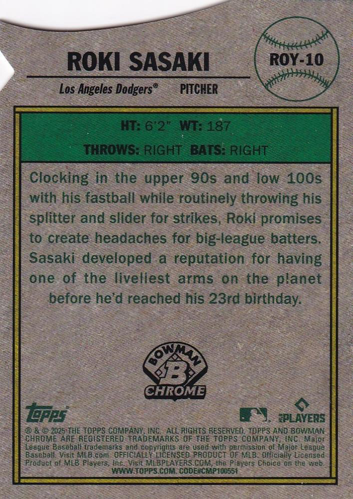 2025 Topps Bowman Rookie of the Year Favorites Roki Sasaki #ROY-10 Los Angeles Dodgers